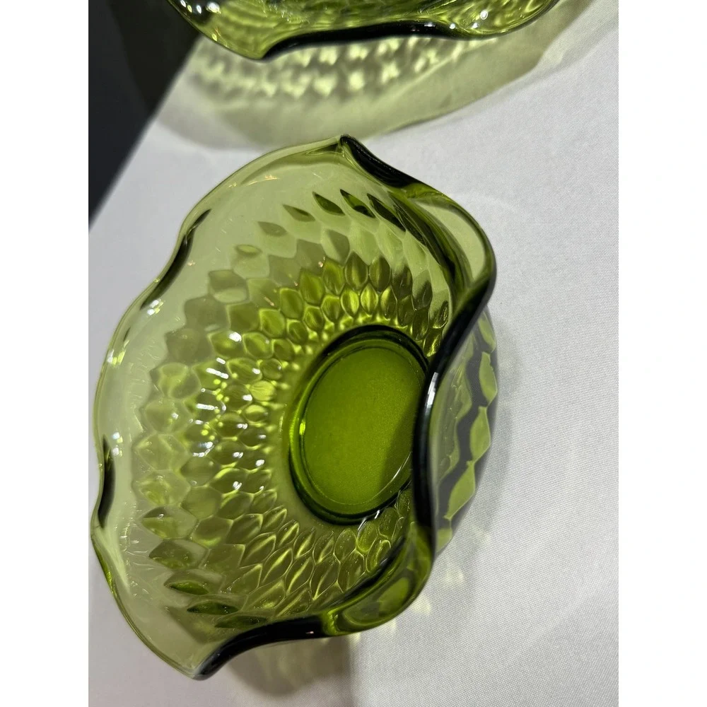 Vintage Indiana Glass Avocado Green Diamond Point Ruffled Serving Bowl Set of 2